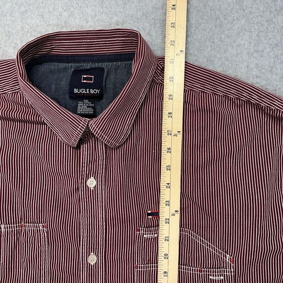 VTG Bugle Boy 77 Button Up Shirt Men 3XL Red White Pockets Striped Logo Y2K - Picture 10 of 12